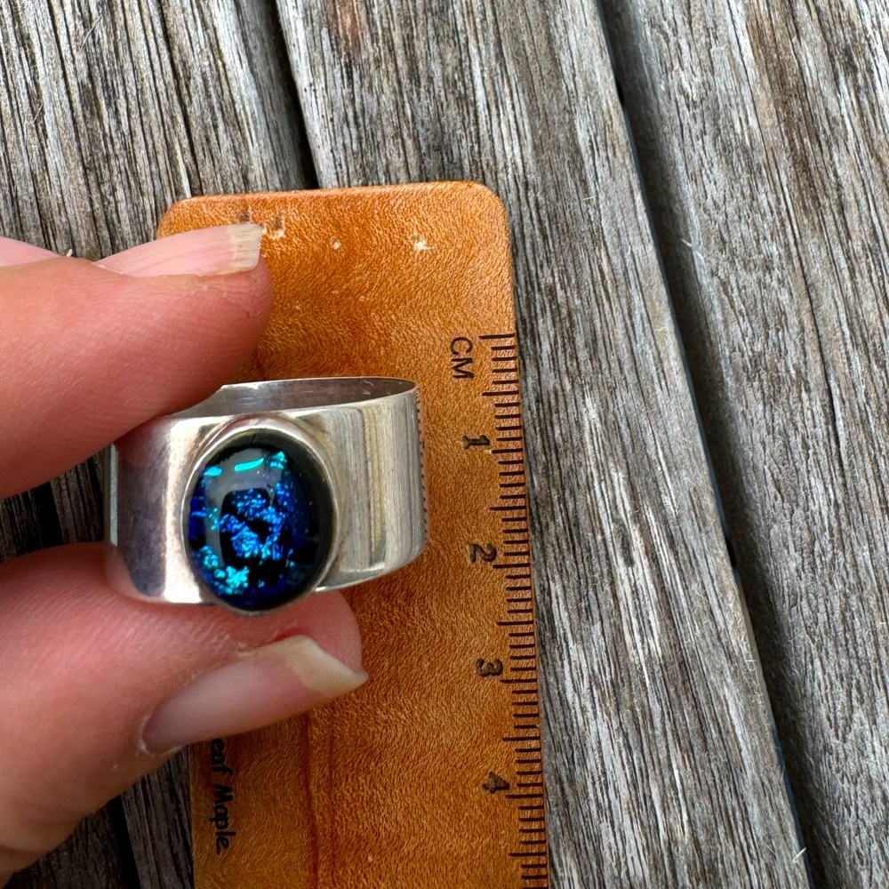 Handcrafted sterling silver and dichroic glass cabochon ring